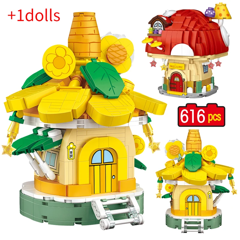 

674 Pcs City Mini Fairy Mushroom House Model Building Bricks Cute Sunflower Architecture Bricks Gift Toys for Children Girls