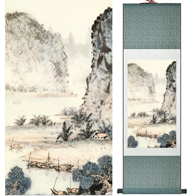 Печатная живопись SHULINYUANXIU Китайский пейзаж на шелке