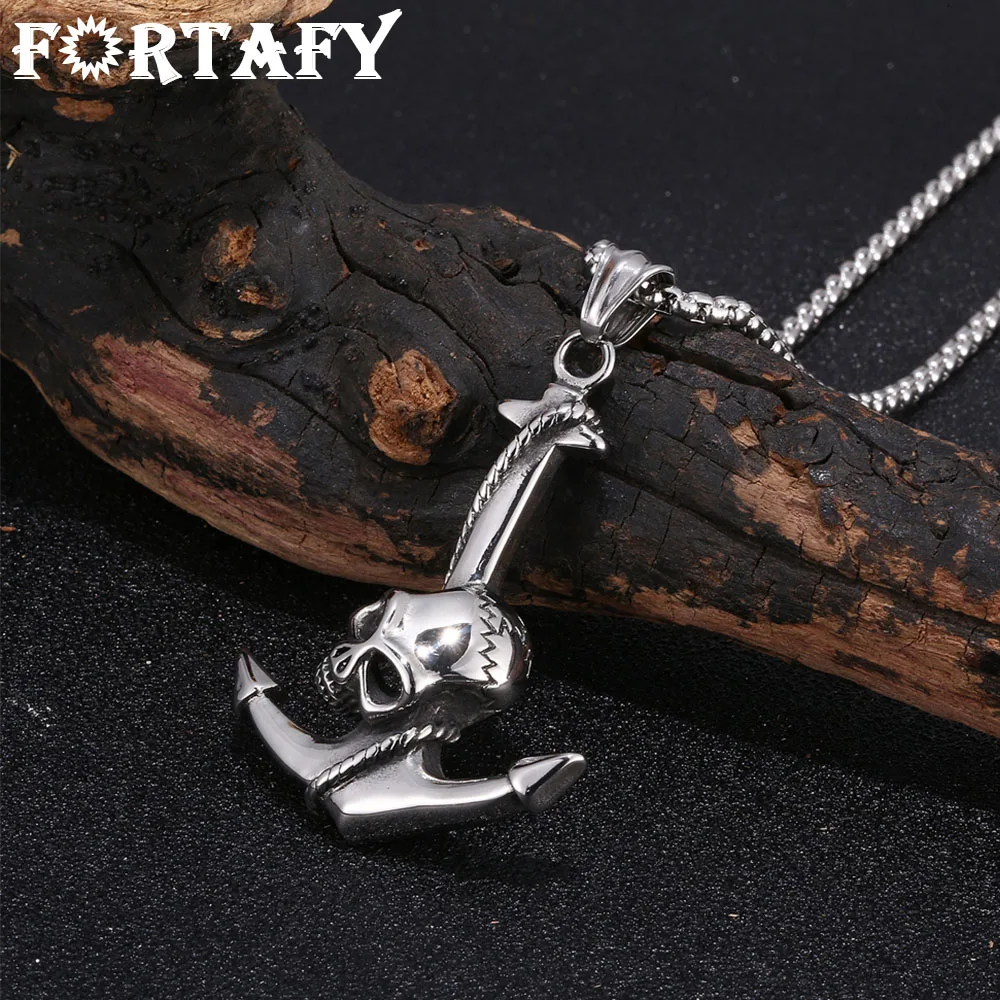 

Vintage Caribbean Pirate Anchor Skull Pendant Men Necklace Stainless Steel Link Chain Punk Jewelry Accessories Gift FR0050