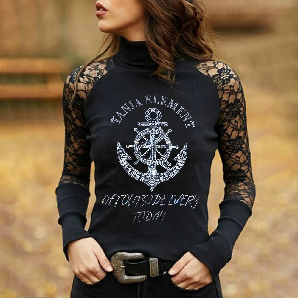 Yeni moda gemi çapası sıcak matkap baskı bayanlar t-shirt katı dantel seksi kadın TShirt Y2k gotik Tee uzun kollu kulüp elbise üstleri