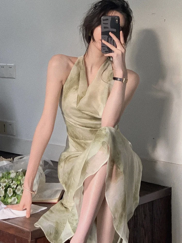 

Vintage Sexy Sleeveless Neck-mounted Party Maxi Dresses for Women Halter Spaghetti Strap Folds Midi Dress Elegant Fashion Summer