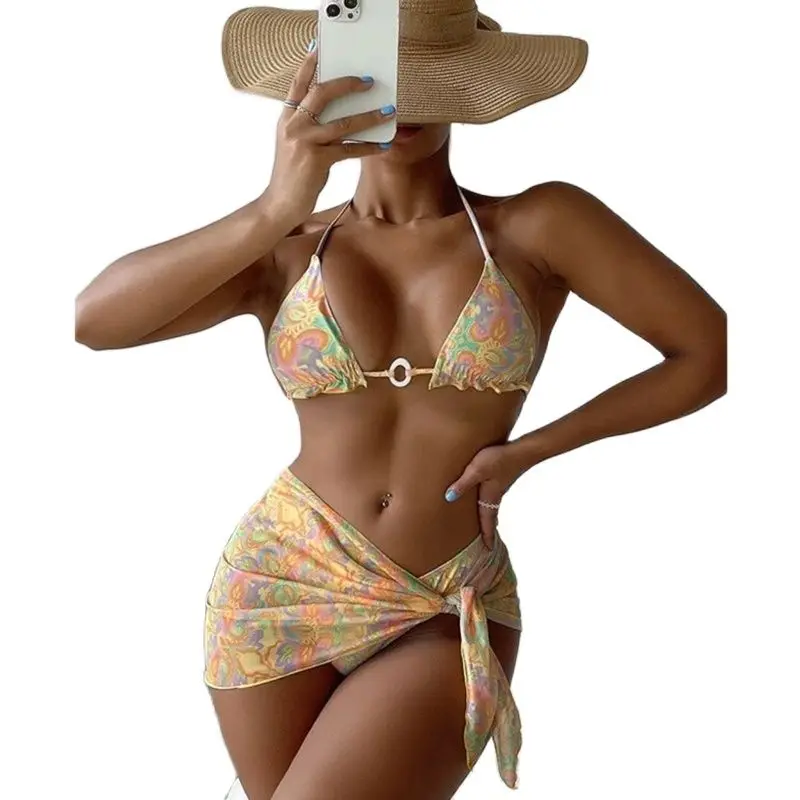 

Cashew Flower Three Piece Swimsuit Women's Vacation Ring Micro Bikini Thongs Beach Cover Up 2022 Swimwear Mujer