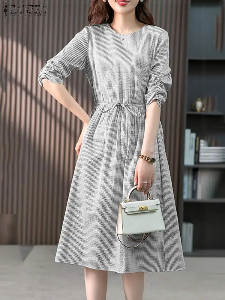 

Модель 2023 года, модное платье ZANZEA в полоску, женский летний сарафан с рукавом до локтя и круглым вырезом, платье для работы, женское праздничное платье-миди, элегантные платья
