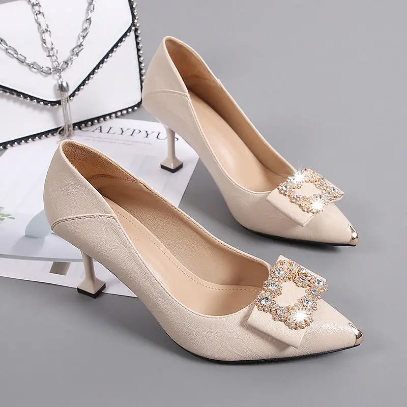 

Beige Rhinestone Buckle Strap Slip-On Thin Heels Mary Janes Elegant Non-Slip Pointed Toe Shallow Sandals Office Lady Pumps