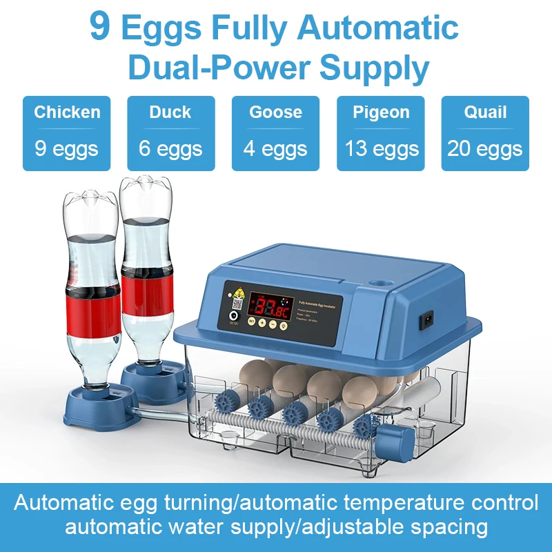 

9 Eggs Incubator Fully Automatic Machine Auto-Turner Dual Powwer Electric Brooder Hatching Poultry Farm Tools