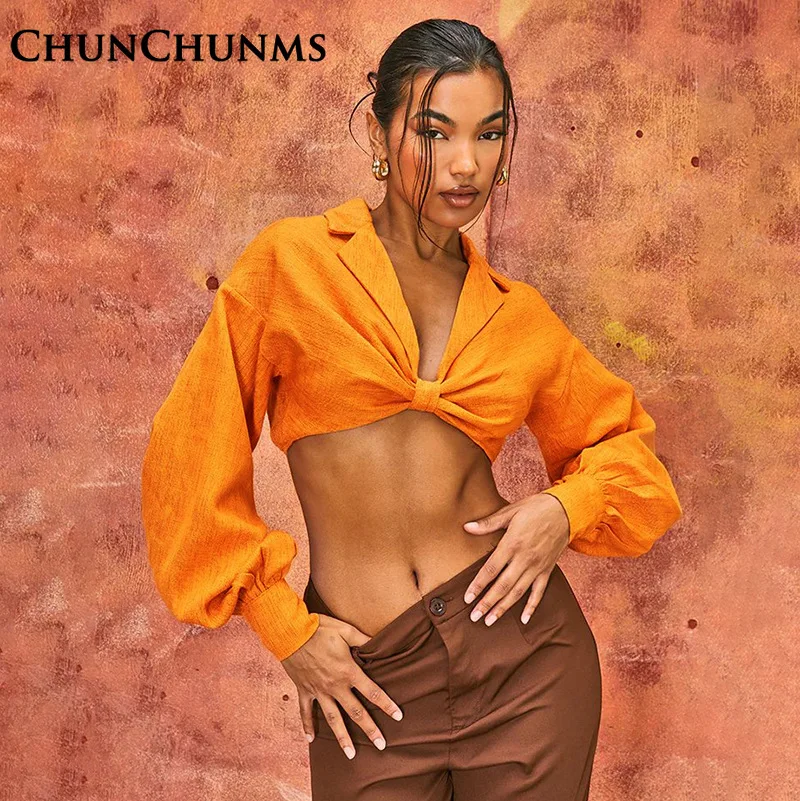 

Женская блузка с длинным рукавом, элегантный укороченный топ оранжевого цвета на пуговицах с лацканами, одежда для работы, осень 2022