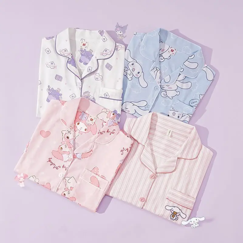 

Cartoon Cute Kawaii Sanrioed My Melody Cinnamoroll Kuromi New Spring and Autumn Girls' Short-Sleeved Loose Pajama Suit