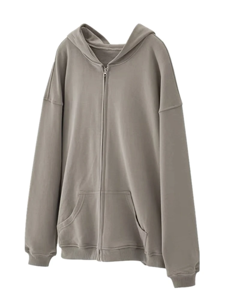 

Gray Sweatshirt Retro Sense Autumn Jacket Women's Loose Thin Hooded Couple Zipper Cardigan