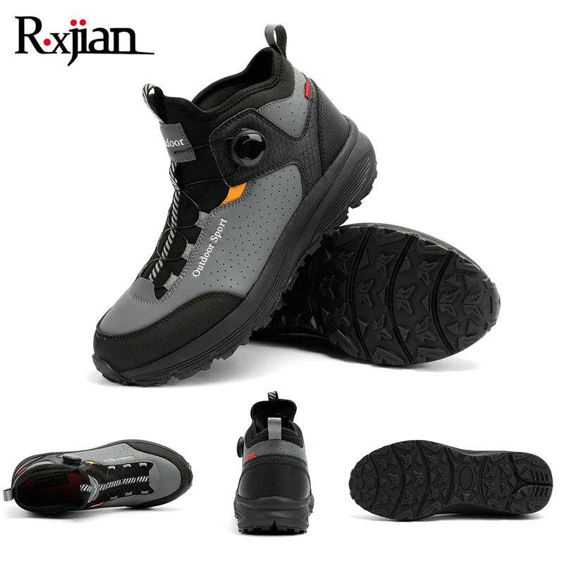 R. XJIAN Men's Genuine Leather Hiking Shoes Rotating Toe Buckles Outdoor Tourism Anti Slip Waterproof Mountaineering Boots