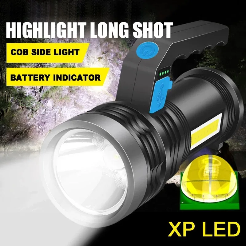 Handheld Searchlight LED Outdoor Lighting Camping Portable Lamp Strong Light Long-shot Rechargeable Built-in Battery Flashlights