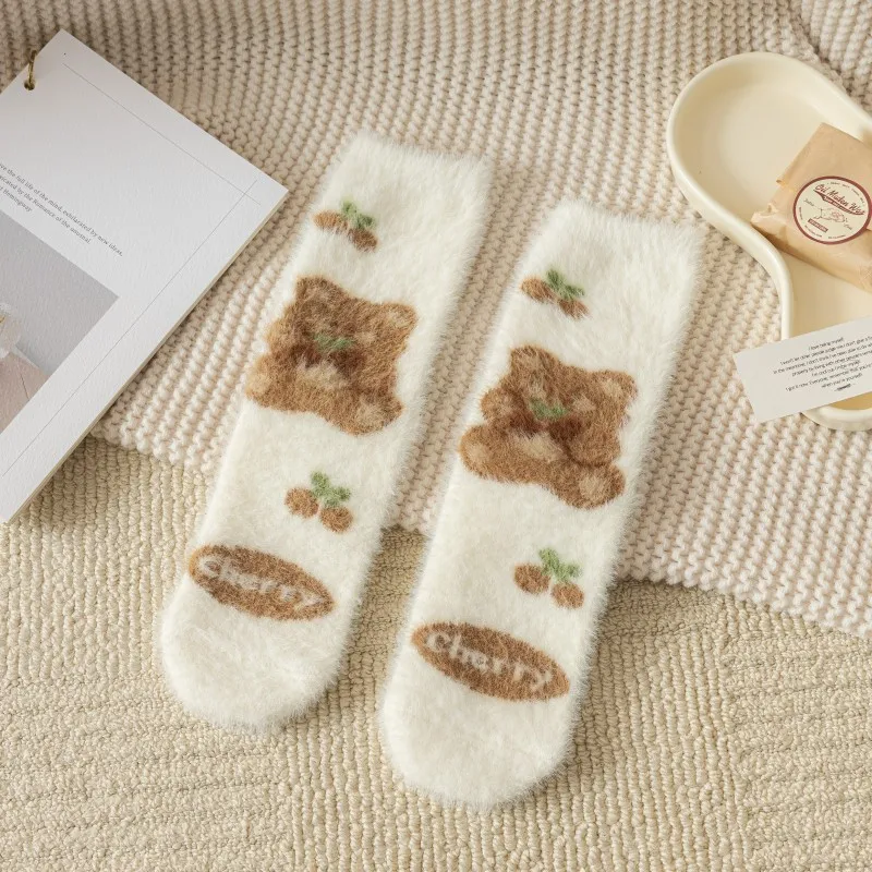 Cute Cartoon Bear Warm Thick Socks for Women Winter Fluffy Kawai Sleep Socks New Breathable Middle Tube Girl Fuzzy Thermal Socks