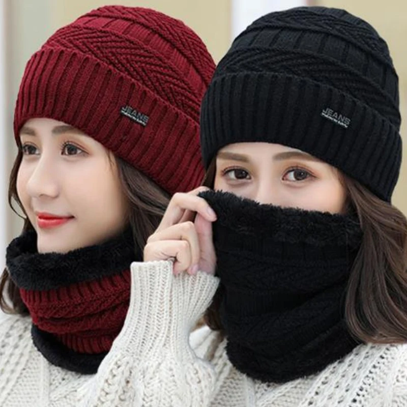 

Winter Women Outdoor Warm Thickening Velvet Loose Hat Girls Knitting Cap Men And Women With Scarf Brand Winter Ski Mask Hats
