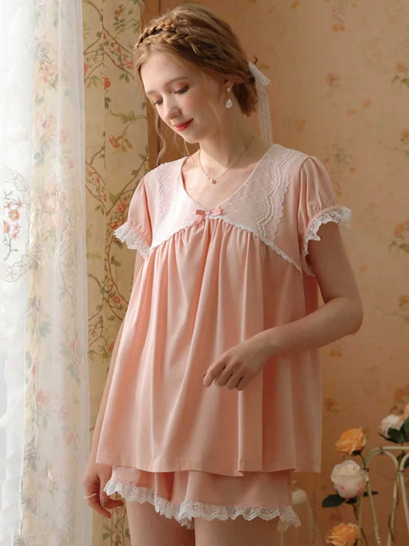 Women Summer V-Neck Short Sleeve Lace Ruffles Tops and Shorts Nightwear Suit Solid Cute Sweet Vintage Pajamas Home Sleepwear