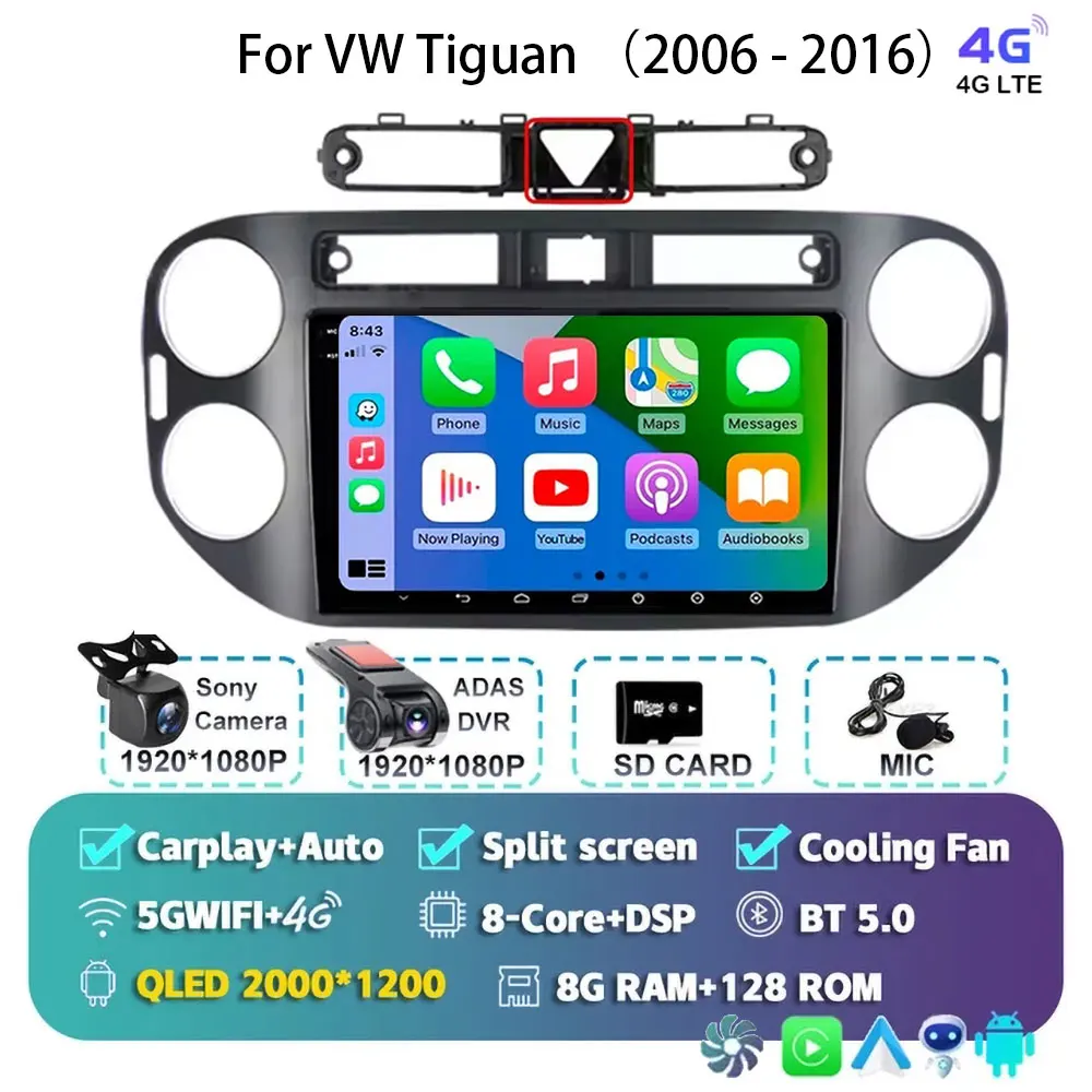 

Автомобильный радиоприемник для Volkswagen VW Tiguan 2006 2010 2016 Golf Plus, беспроводной Carplay Android 15, автомобильный стерео мультимедийный плеер, 4G GPS