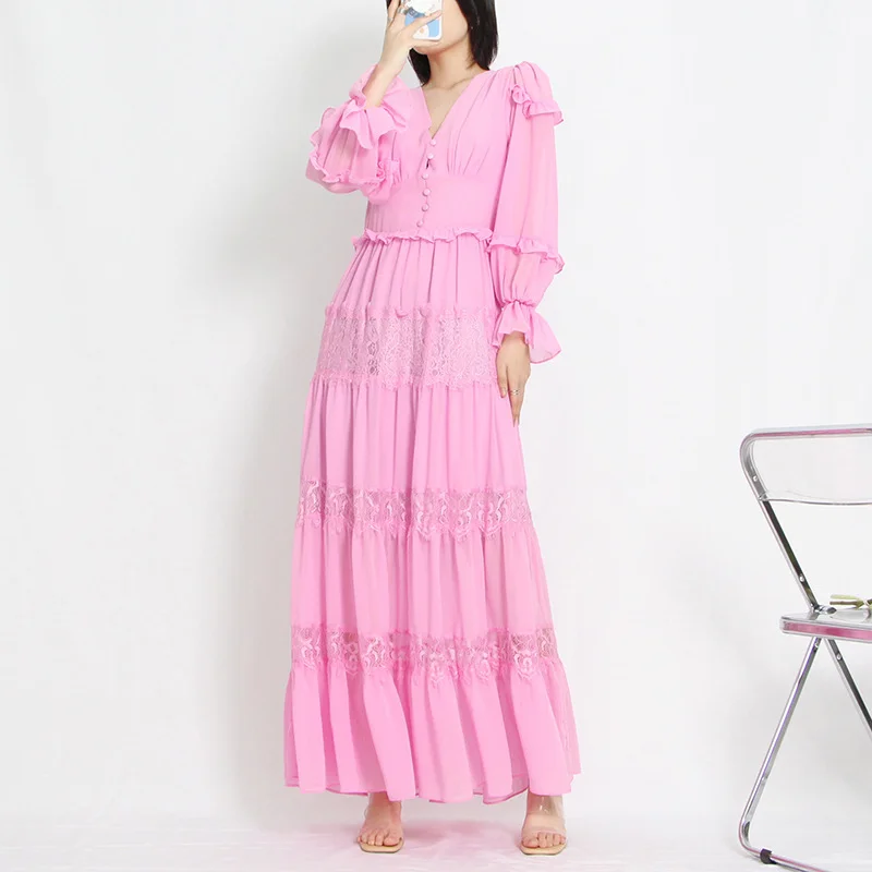 

High End Long Dress 2022 Summer Autumn V-neck Lantern Sleeves High Waist Long Lace Trim Pink Dress Solid Color Women's Dress