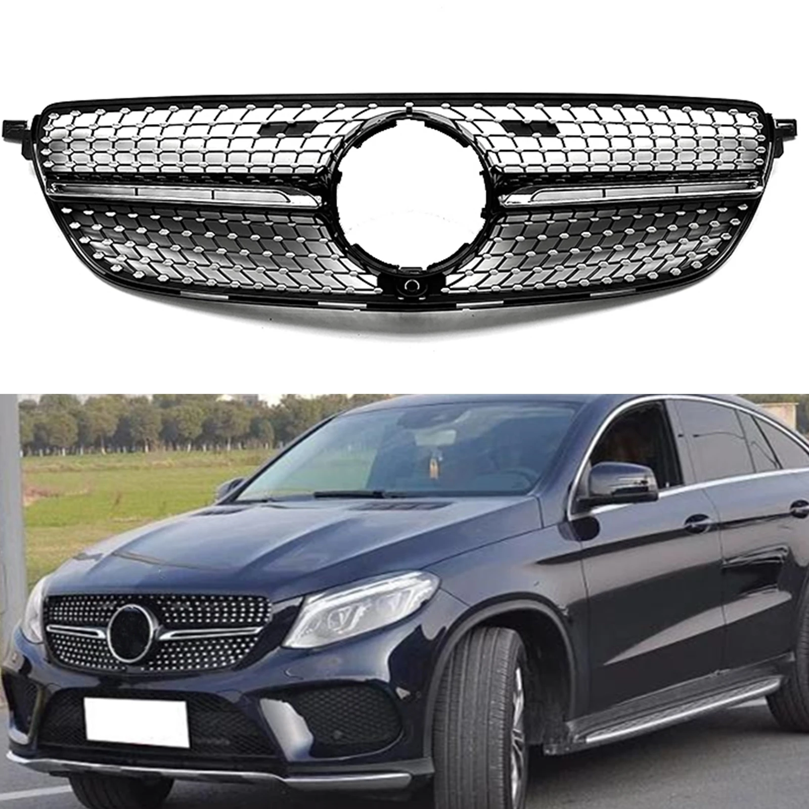 

For Mercedes-Benz GLE Class W292 C292 Coupe Sport 2015-2019 GLE350 Black Diamond Style Upper Bumper Hood Mesh Grill Front Grille