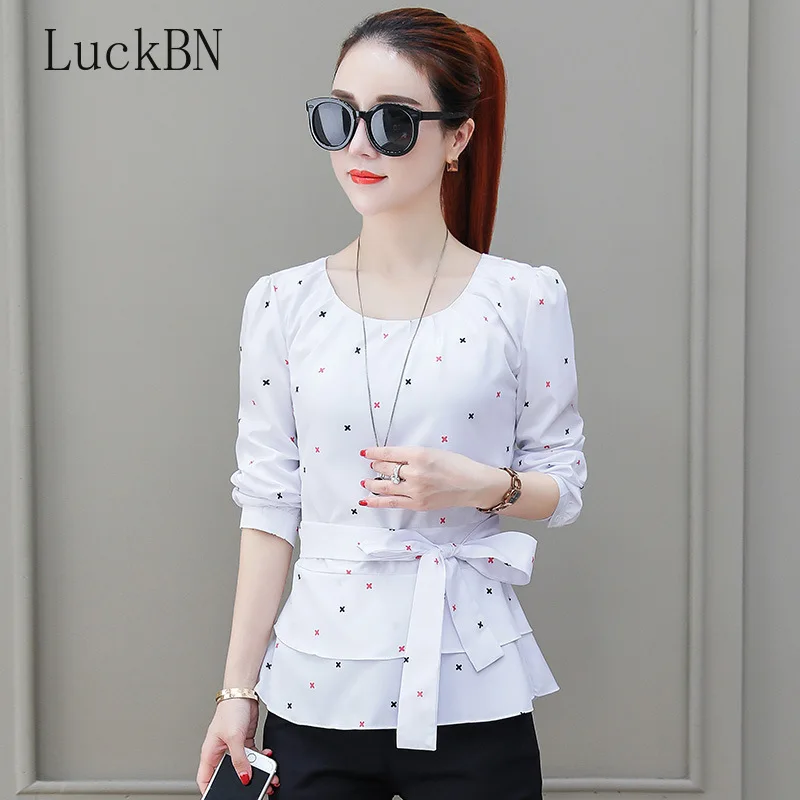 Butterfly Shirt OL Blouse Cherry White O-neck Long-sleeved Tops Spring Large Size 3XL Shirts Elegant Autumn New Feminino Camisa