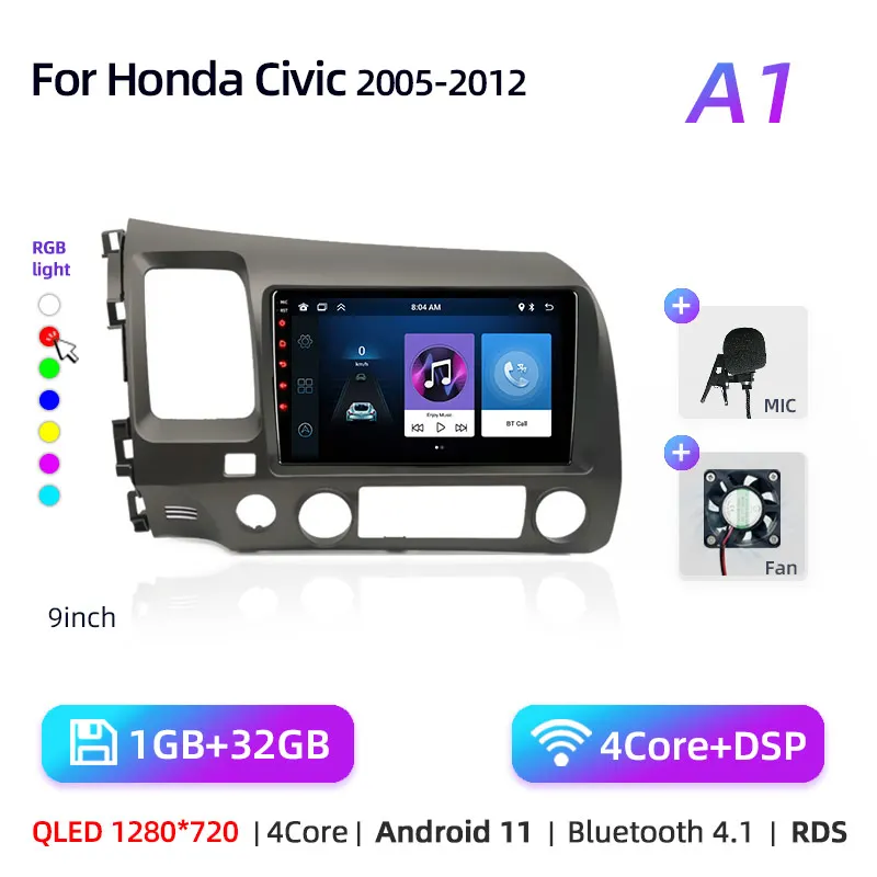 

9 "Android 13 Carplay автомобильное стерео радио для Honda Civic 8 2005-2012 мультимедийный плеер навигация GPS 2 Din 4G аудио DVD