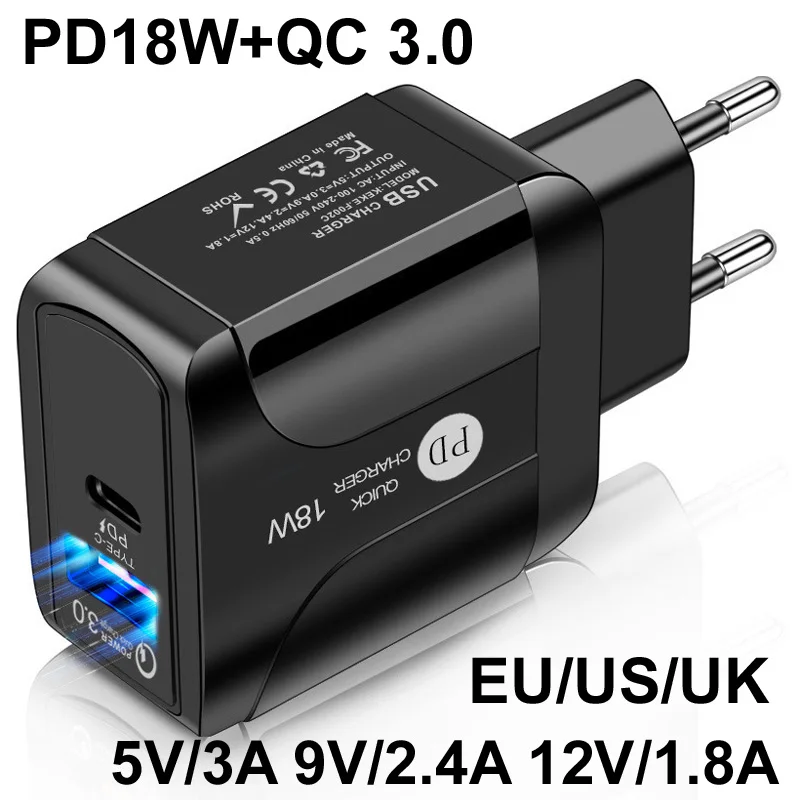 

2 Ports USB Fast Quick Charger Charging PD 18W TYPE C +QC 3.0 EU/US/UK AC Wall 5V/3A 9V/2.4A 12V/1.8A For huawei Mobile Phone