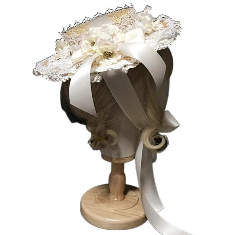 

Women Girls Elegant Tea Party Flat Hat Multilayer Lace Bonnet Artificial Flower Ribbon Bow Straw Beach for Sun