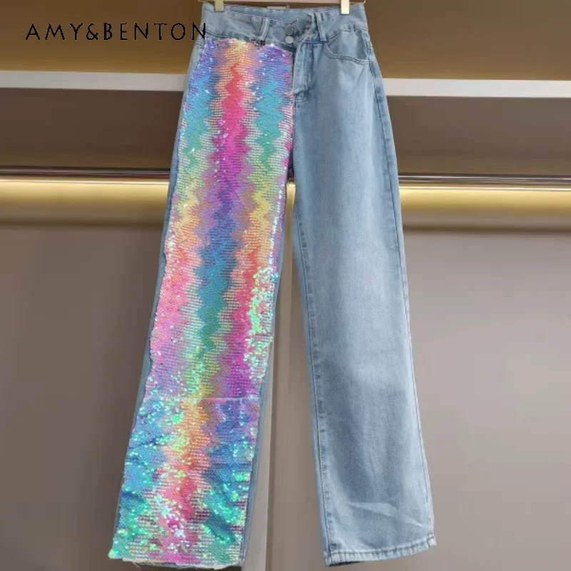 Summer New Crystal-Studded Sequins Jeans Trousers Women High Waist Korean Style Loose Slimming Straight-Leg Wide-Leg Denim Pants