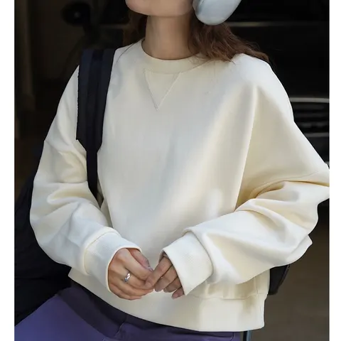 Осень 202, женские толстовки с длинным рукавом и круглым вырезом, бежевый цвет, свободные женские толстовки, синие толстовки, женские топы