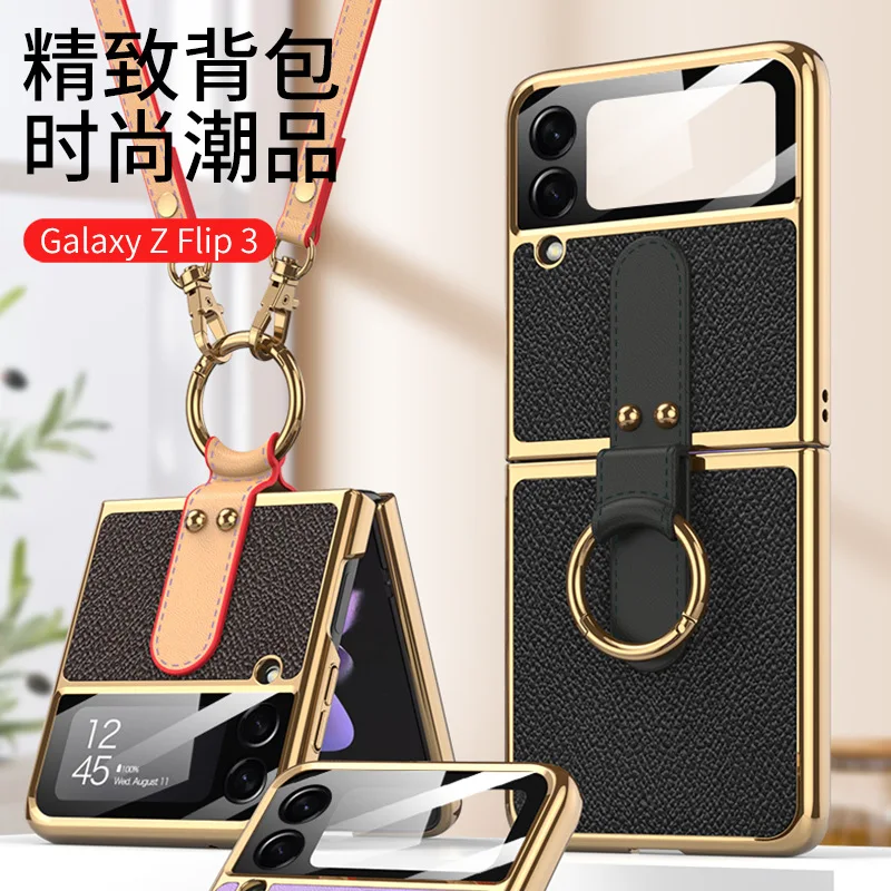 

For Samsung Galaxy Z Flip 3 Case Luxury Electroplating Classic Plain Leather Folding Shell With Strap For Samsung ZFlip3 ZFlip 3