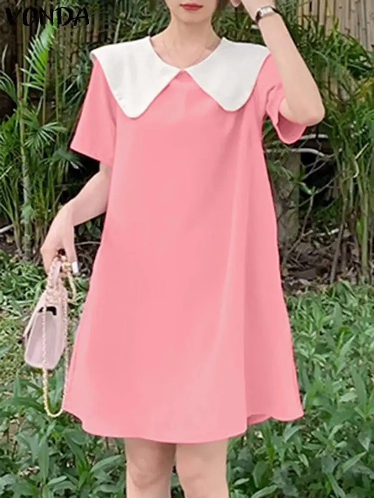 

VONDA Casual Summer Dress 2023 Women Doll Collar Short Sleeve Robe Loose Mini Sundress Color Patchwork Bandage Basic Vestido