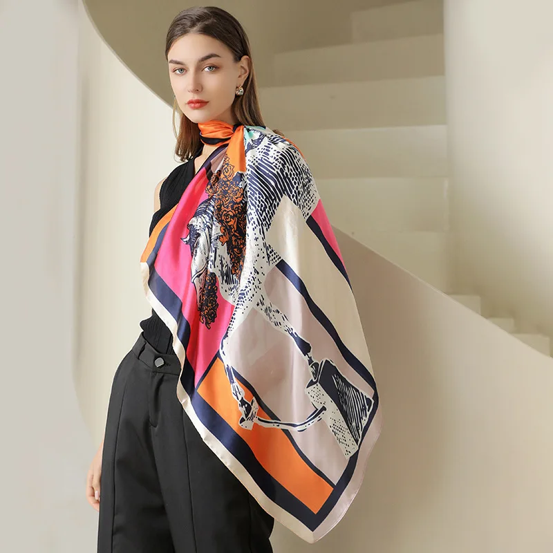 

90*90 Cm Square Scarf Natural Ice Silk Silk Scarf Women Spring Floral Print Silk Scarf Fashion Temperament Bundled Silk Scarf