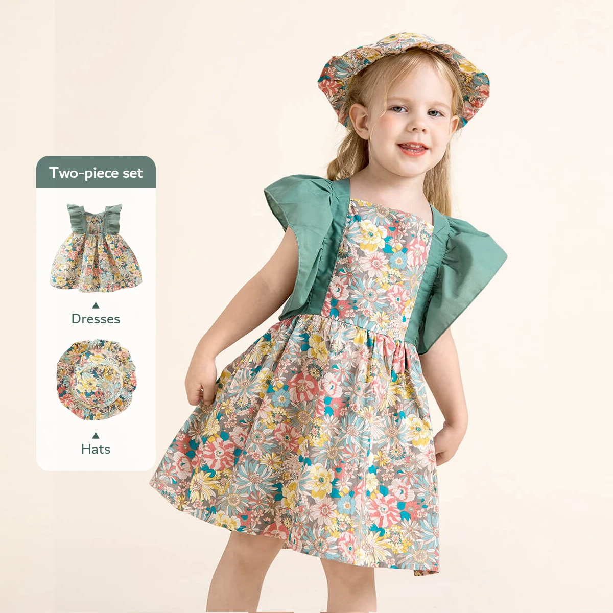 hibobi Summer Toddler Girl Clothes Baby Dresses Cute Bow Plaid Sleeveless Cotton Floral Pattern Princess Dress+Sunhat