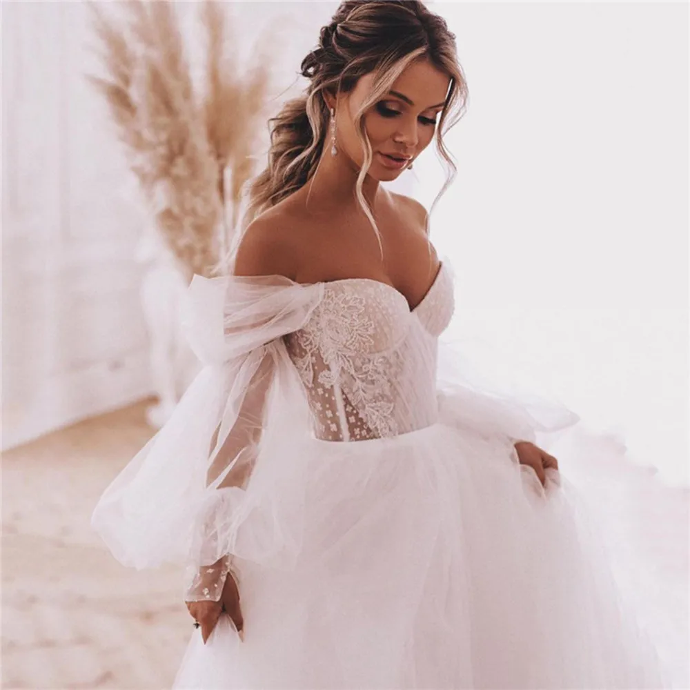 

Boho Wedding Dresses Detachable Long Puff Sleeve Bride Dress Vintage Lace Beach Wedding Gowns Plus Size Corset Back Sweet