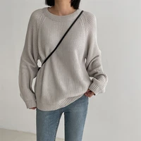womens knit sweater solid color round neck drop shoulder pit stripe loose temperament autumn spring ladies fashion long sleeve