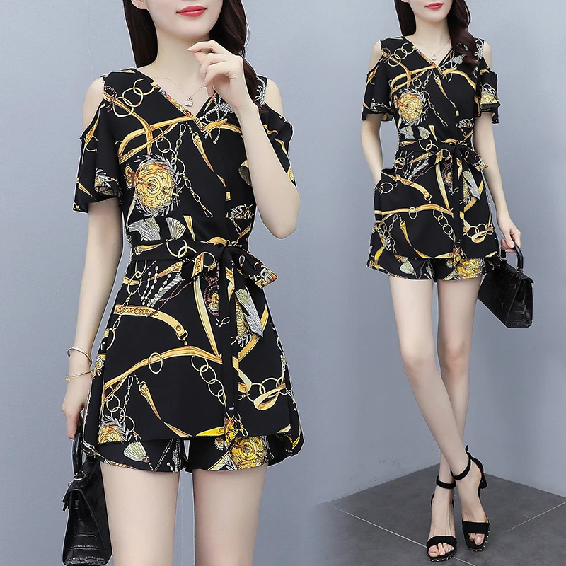 

Plus Size Women's Casual Summer Two Piece Suit 2022 New Elegant Off Shoulder Ruffled Sleeves Mid Length Tops And Shorts Outfits