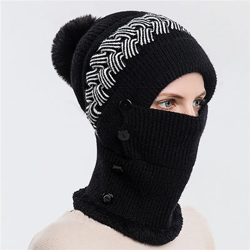 Autumn And Winter Hat Scarf Integrated Women's Warm Knitted Hat Plush Pullover Hat Windproof Ear Protection Wool