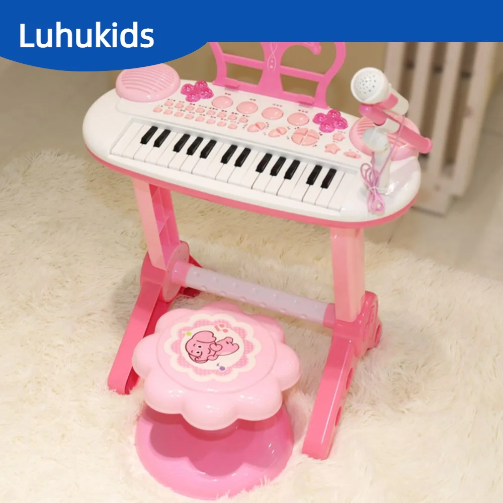 Children's Pink Electronic Piano Toy With Microphone Small Elephant Pattern Bench Can Light Up Sound Suitable For Girls