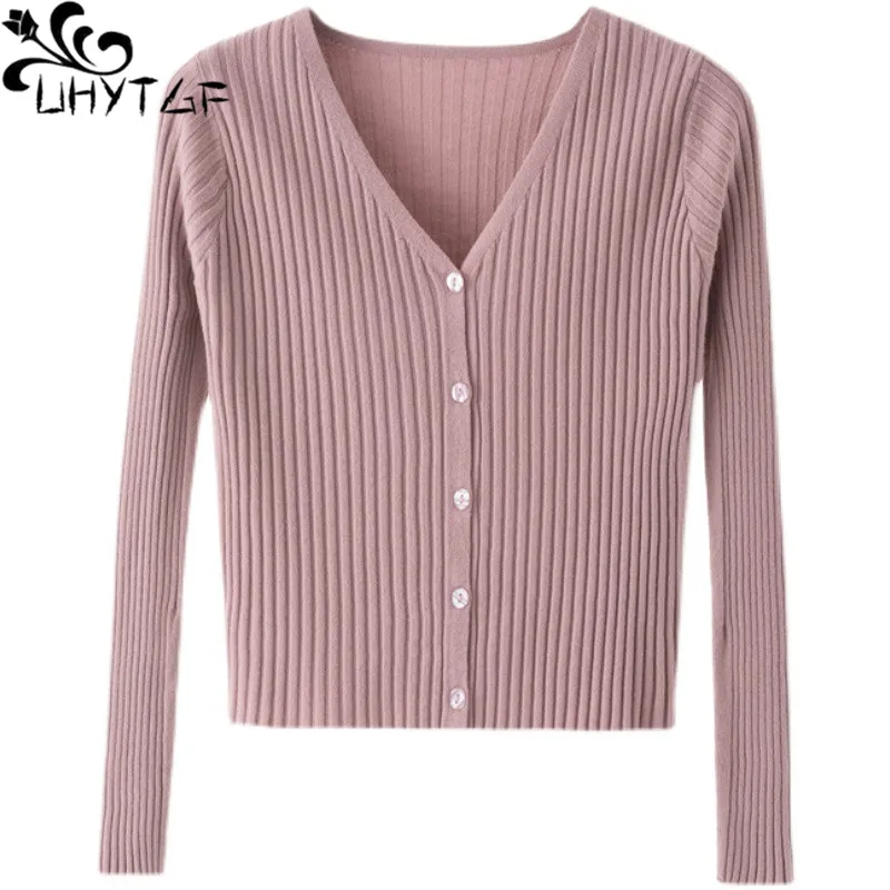 

UHYTGF Cardigan For Women Long Sleeve Single Breasted Spring Autumn Sweater Jacket V-Neck Casual Short Tops Knitted Thin Coat 9