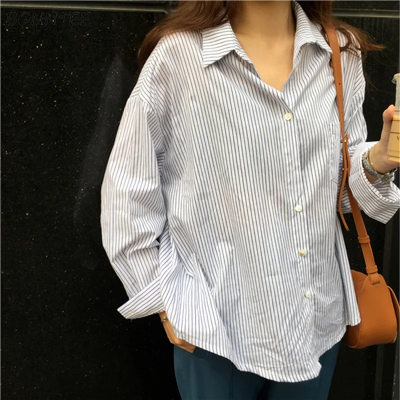

Shirts Women Striped Pockets Casual Retro Design All-match Street Wear Cozy Breathable Fashion Chic Korean Style Ulzzang College