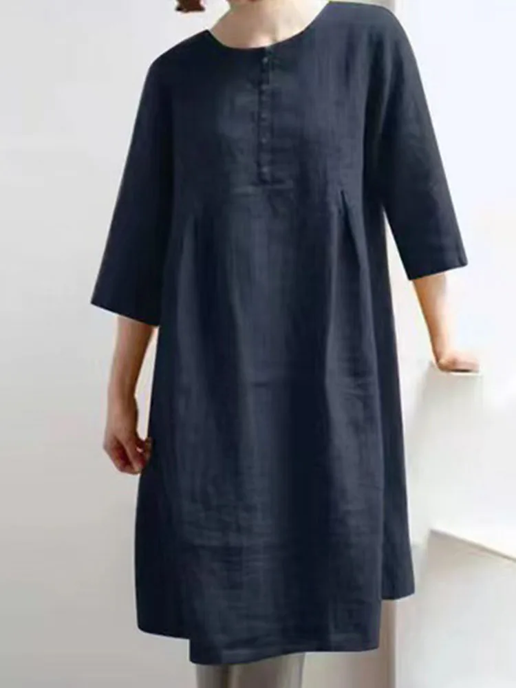 

Spring Summer Fashion Buttoned O-Neck Midi Dress Casual Women Solid Loose Dress Female New Elegant Retro Seventh Sleeve Dresses
