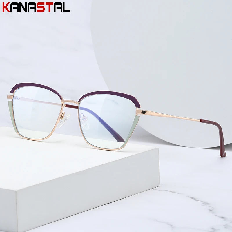 

Women's Blue LIght Blocking Reading Glasses Metal Bicolor Cat Eye Computer Eyeglasses Frame Anti Ray Ladies Prescription Eyewear