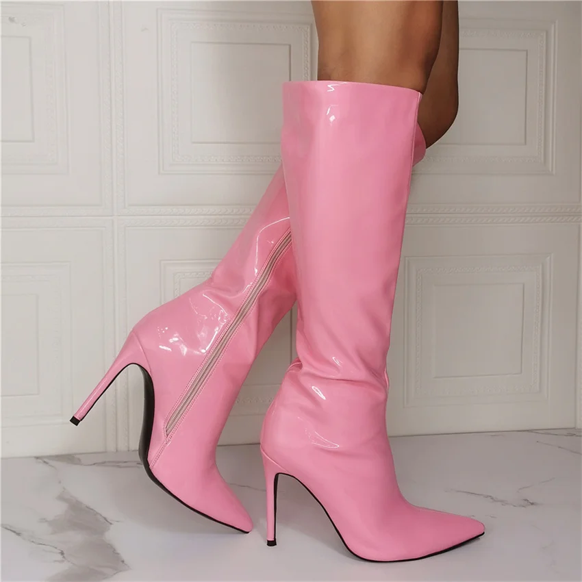 

Arden Furtado Fashion Women's Shoes Winter Pointed Toe Stilettos Heels Zipper Pink Knee high boots Shiny leather Big size 41 42