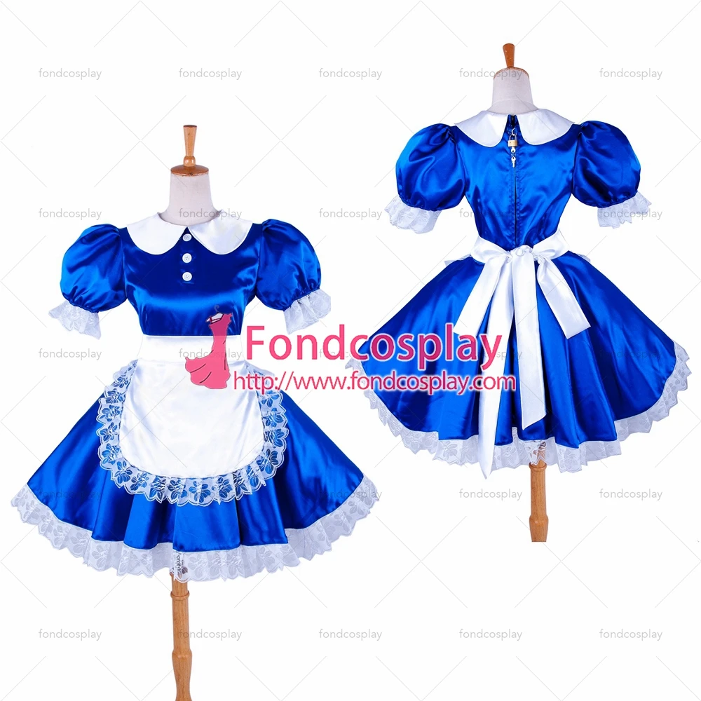 

adult sexy cross dressing sissy maid Lockable Blue Satin Dress white apron Peter Pan collar Tailor-made[G1360]