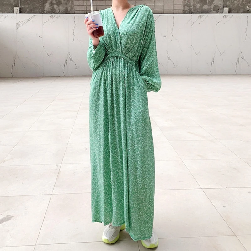 

Women's Korean Style Spring Summer Long Sleeve Floral Dress Chic Bohemian V Neck Loose Maxi Dress Lady Holiday Robe Vestidos