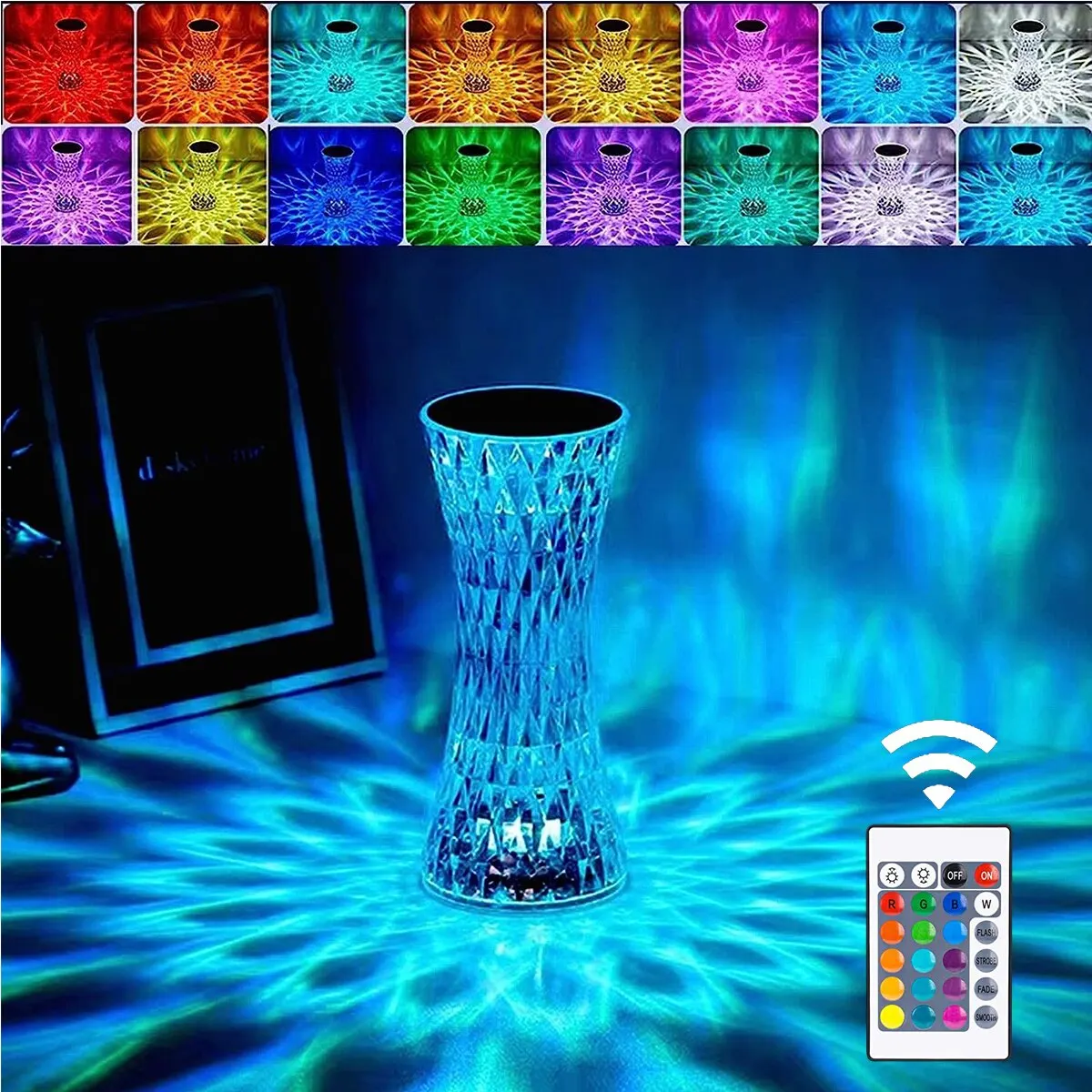 Small Waist Crystal Diamond Table Lamp 16 Color Changing Night Lights Touch Contronl USB Rechargeable Bedside Lamp with Remote