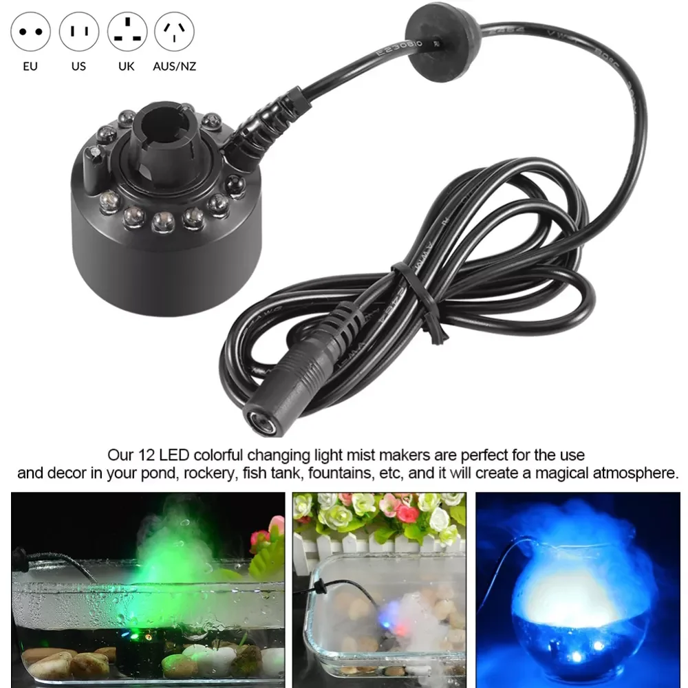 

Ultrasonic Humidifier Aquarium Mist Maker Forger Submersible LED Water with 12 LED Color Water Fountain Pond Fish Tank D30