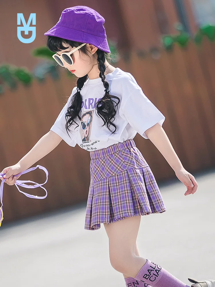 

New 2022 Summer Toddler Girl Clothes Set Back To School Kids Tracksuit 4th Of July Outfit Teenage Print White Shirt + Skirt 4 12