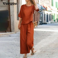 women suits fashion two piece set short sleeve vintage blouse pant set summer outfits casual loose solid femme wide leg trousers