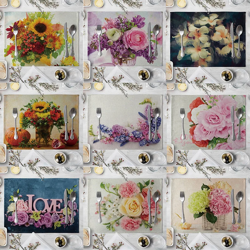 

Flower Pattern imitation linen Placemat For Dinner Table Mat For Coffee Tables Tableware Plates Cup Pads Kitchen Accessories