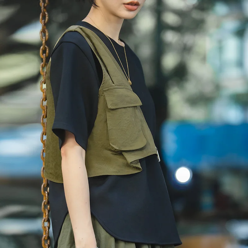 

Maden Japanese Retro Military Green Functional Cargo Women's Vest Lightweight Sleeveless Asymmetric Men Women Vest