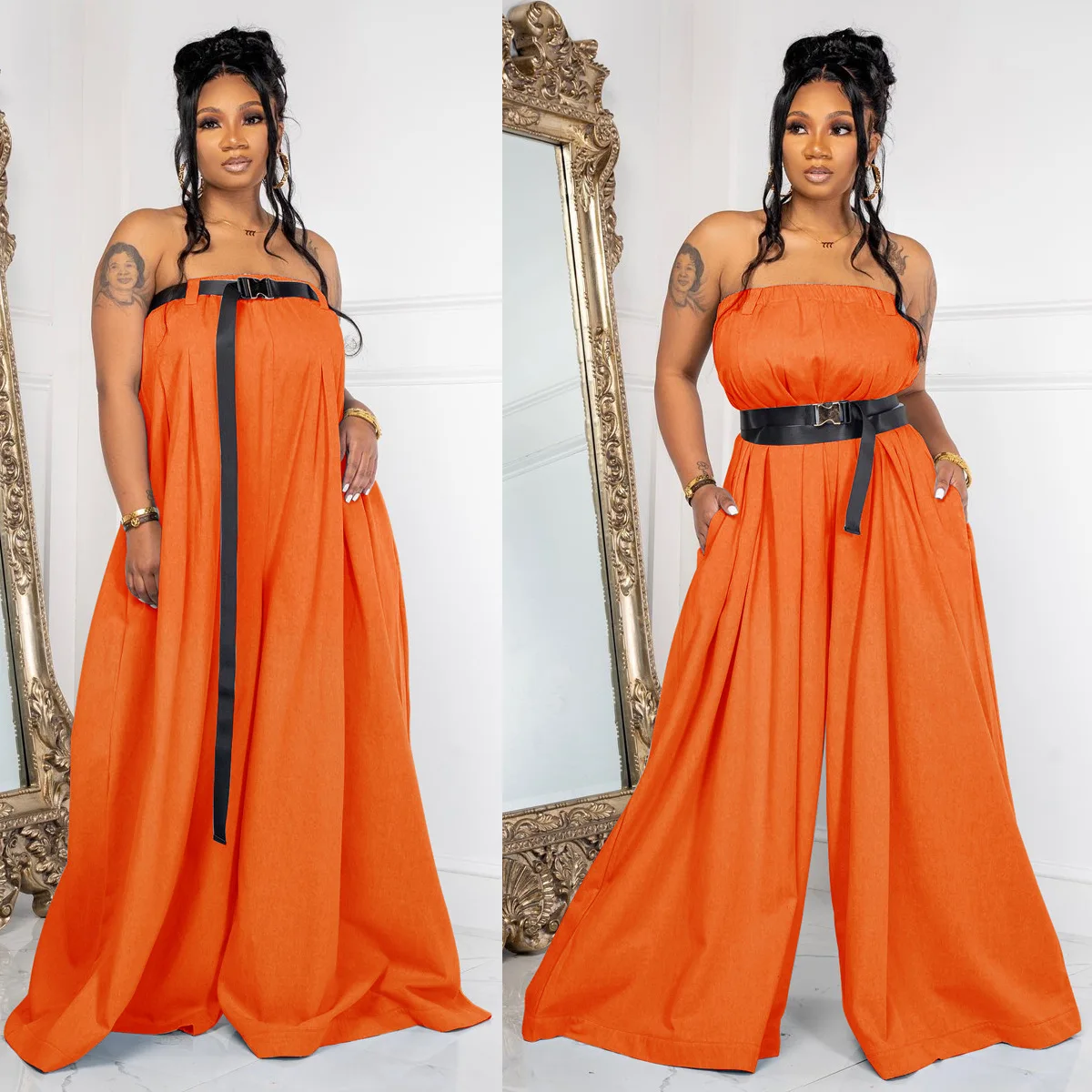 Chocomist Jumpusits Causal Vacation Style Solid Loose Strapless Women Jumpsuits (With Belt）