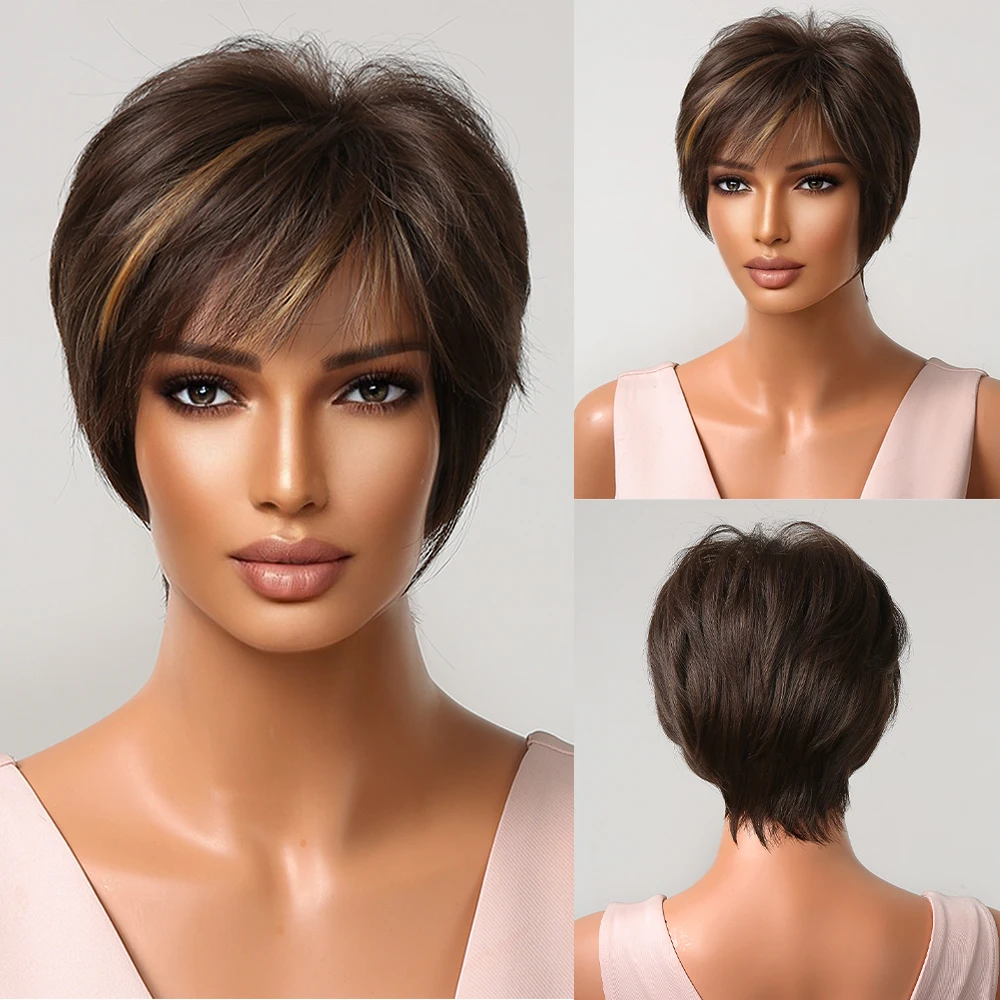 Short Pixie Cut Wig with Highlight Straight Chocolate Brown Synthetic Wig for Black Women Cosplay Daily Heat Resistant Hair Wigs